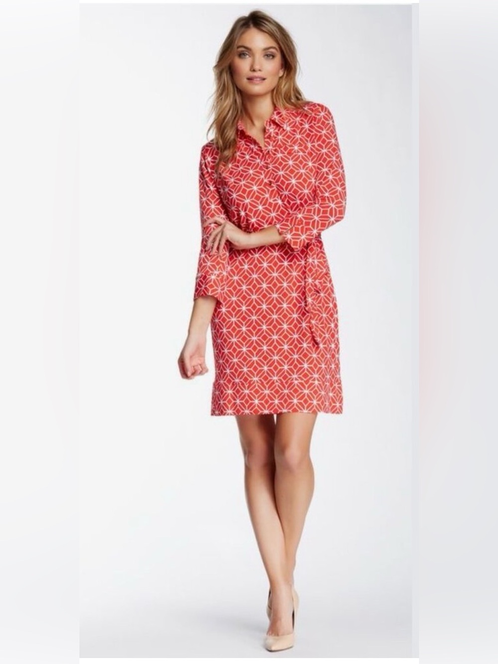 Donna Morgan Orange Geometric Print Belted Dress Mod Preppy, Size 8